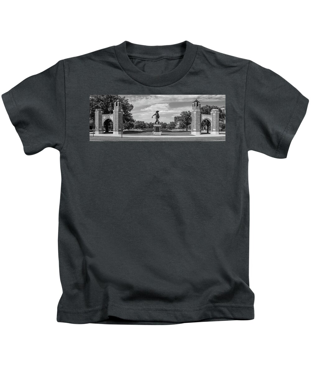 Sower Statue Kids T-Shirt featuring the photograph Sower Statue on the campus of the University of Oklahoma in panoramic black and white by Eldon McGraw