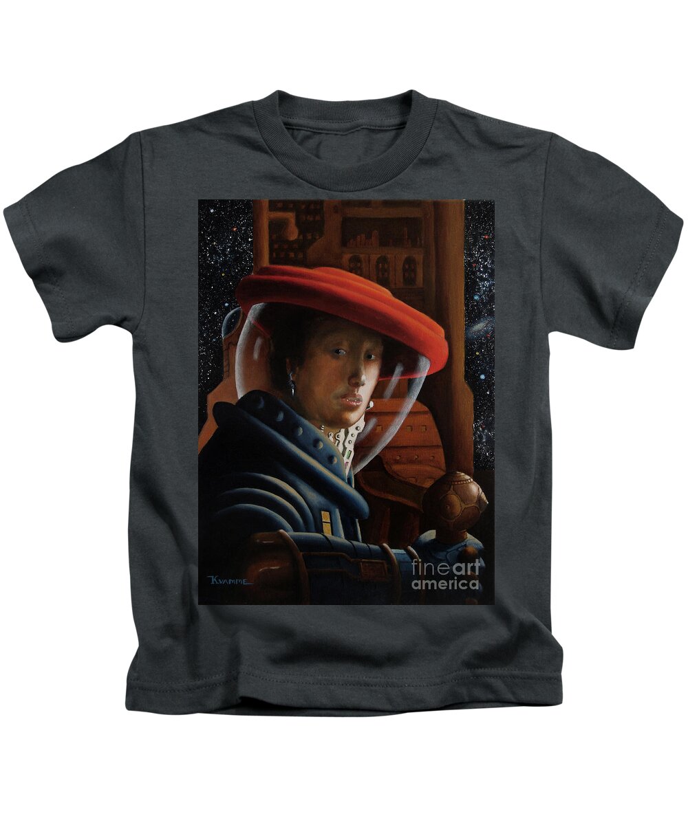 Astronaut Kids T-Shirt featuring the painting Spacegirl with Red Helmet - after Vermeer by Ken Kvamme