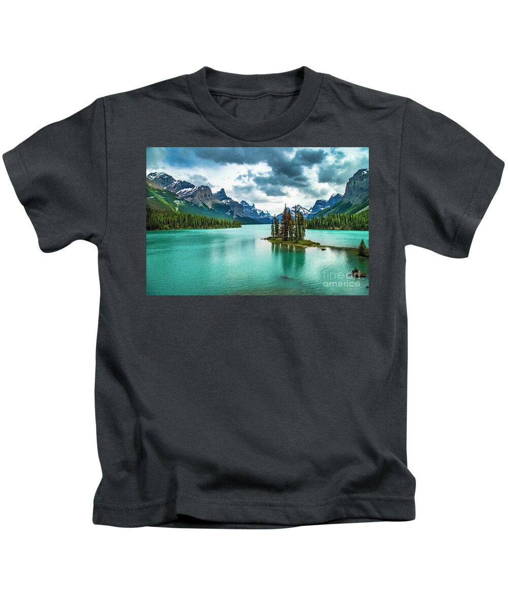 Maligne Lake Kids T-Shirt featuring the photograph Spirit Island by Darcy Dietrich