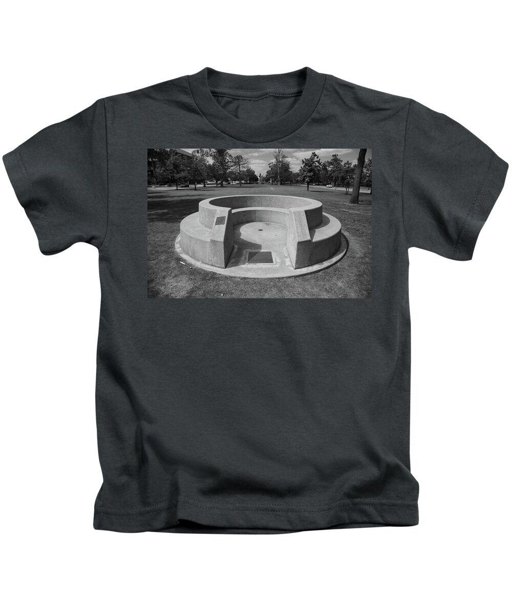 Spoonholder University Of Oklahoma Kids T-Shirt featuring the photograph Spoonholder on the campus of the University of Oklahoma in black and white by Eldon McGraw
