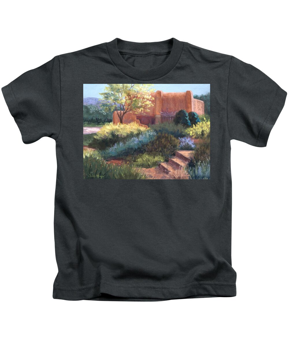 Santa Fe Landscape Kids T-Shirt featuring the pastel Springtime Adobe by Candy Mayer