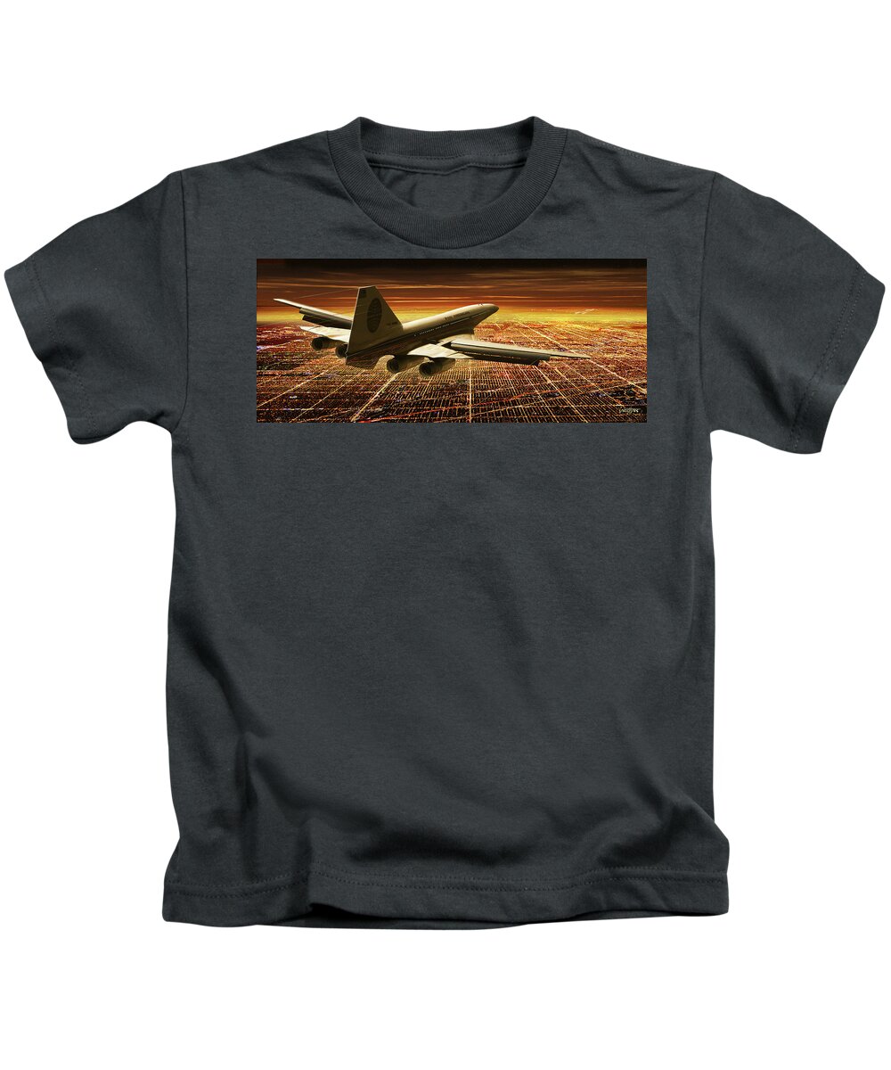 Aerospace Kids T-Shirt featuring the digital art SST - gold - approach - flaps down - gear and nose coming down by James Vaughan