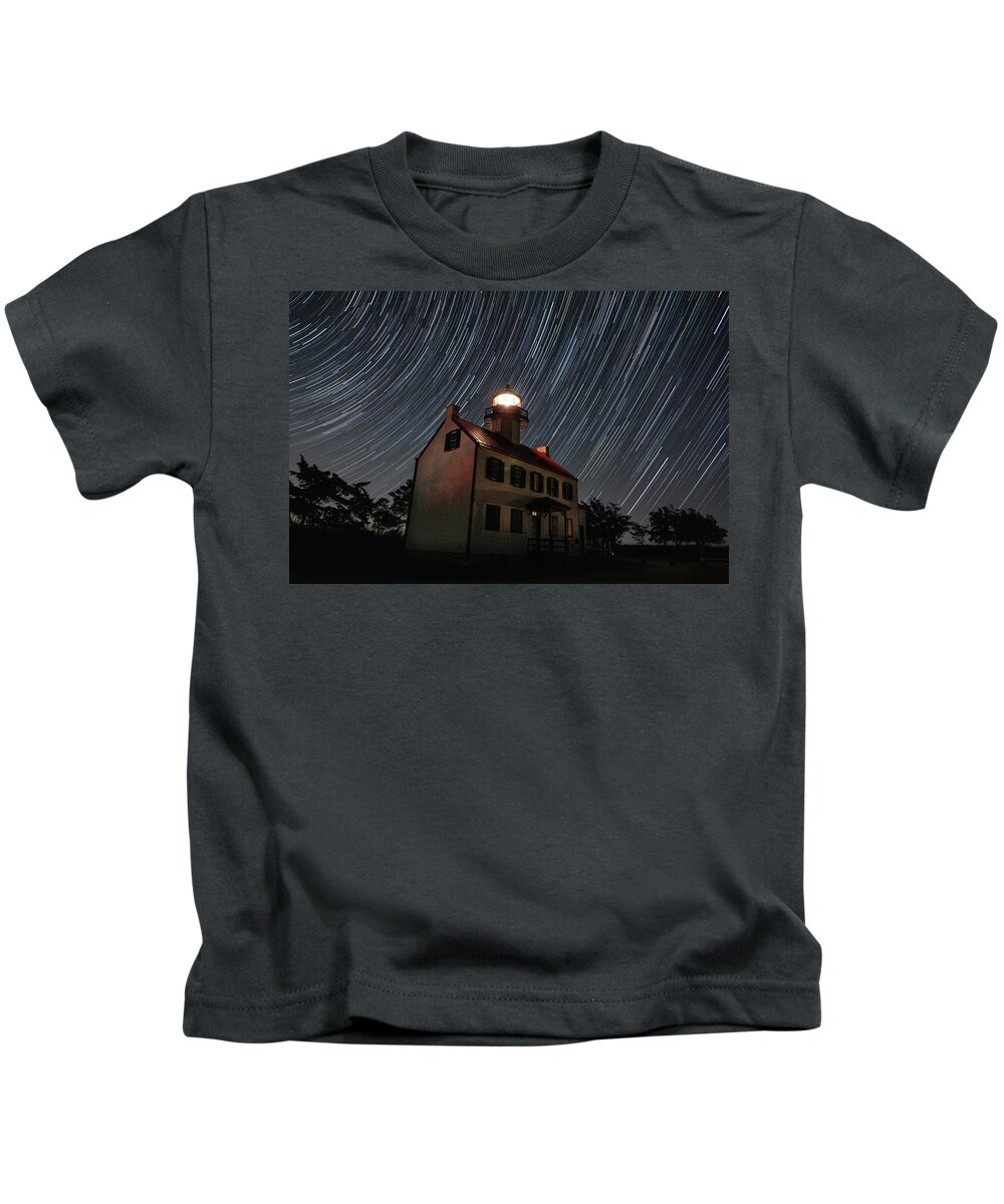 Star Kids T-Shirt featuring the photograph Star trails over East Point Lighthouse by Daniel Adams