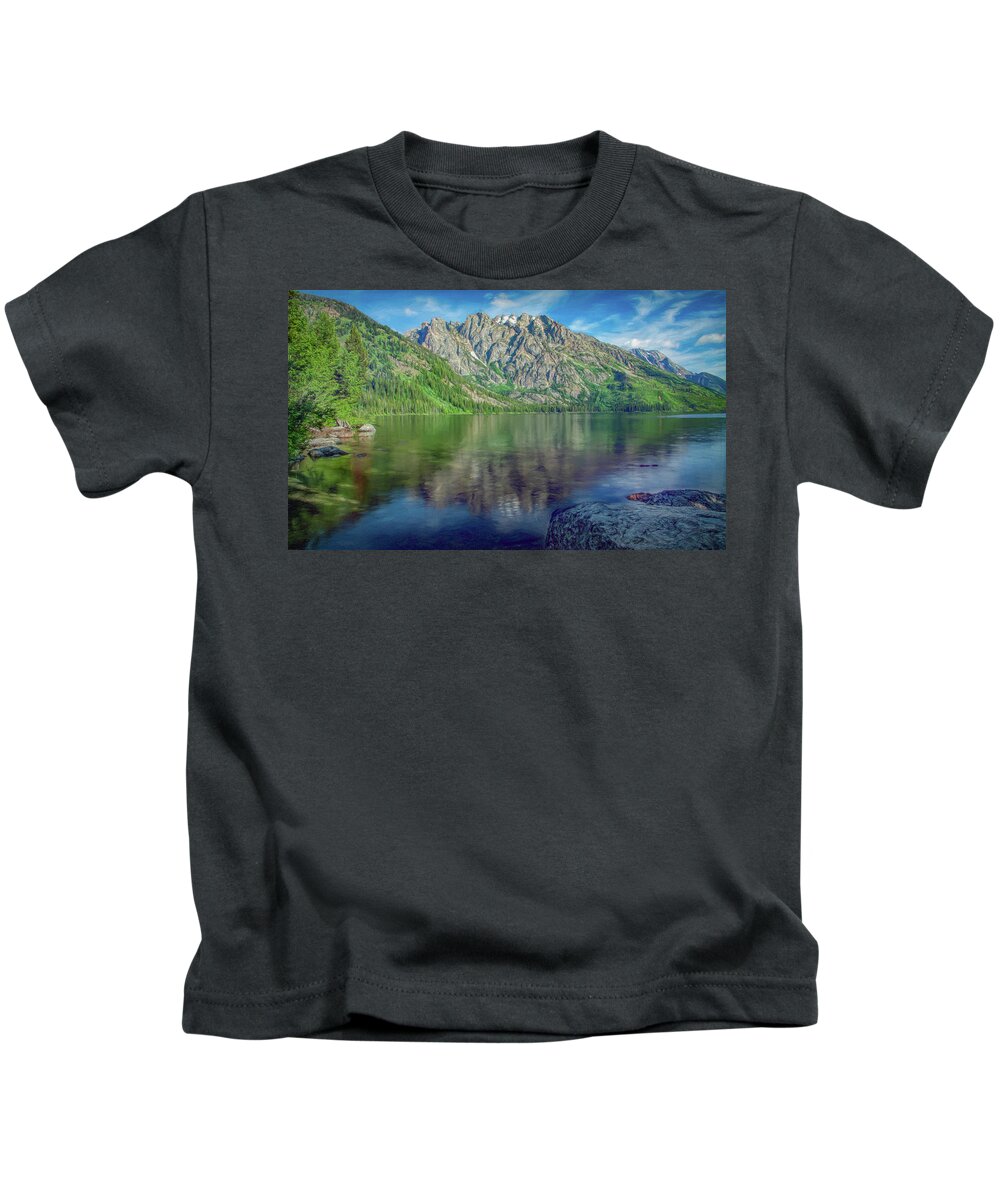 Wyoming Kids T-Shirt featuring the photograph Starting the Day at Jenny Lake by Marcy Wielfaert
