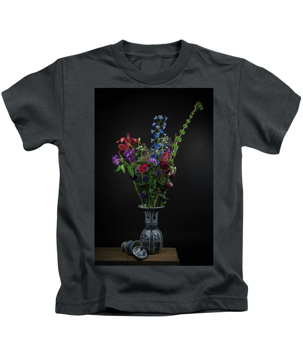 Still Life Kids T-Shirt featuring the digital art Still life Delft blue flowers in a vase by Marjolein Van Middelkoop