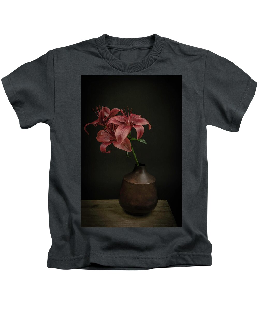 Still Life Kids T-Shirt featuring the photograph Still life lilies in a vase by Marjolein Van Middelkoop