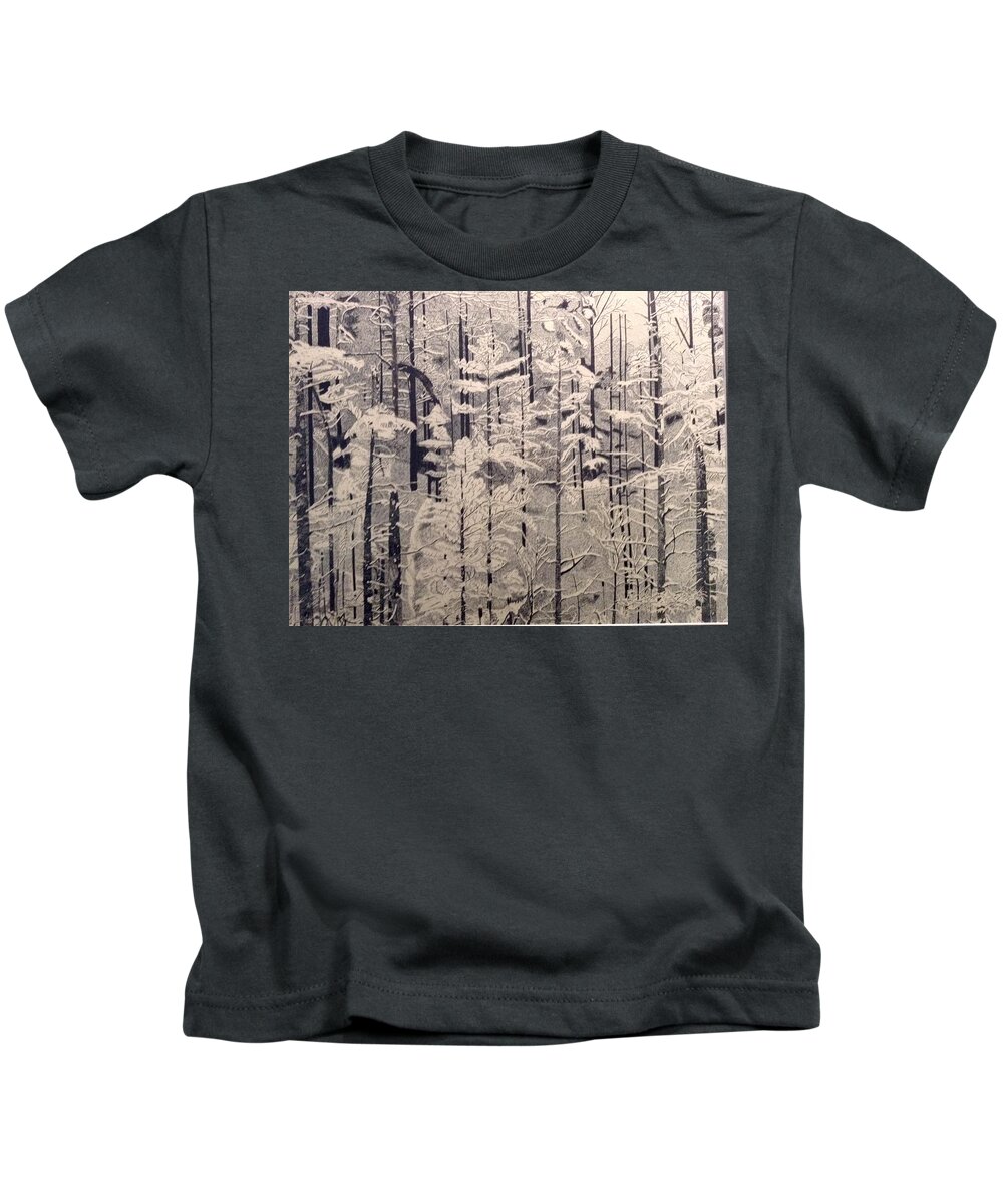 Black Kids T-Shirt featuring the drawing Stippled Forest by Bryan Brouwer