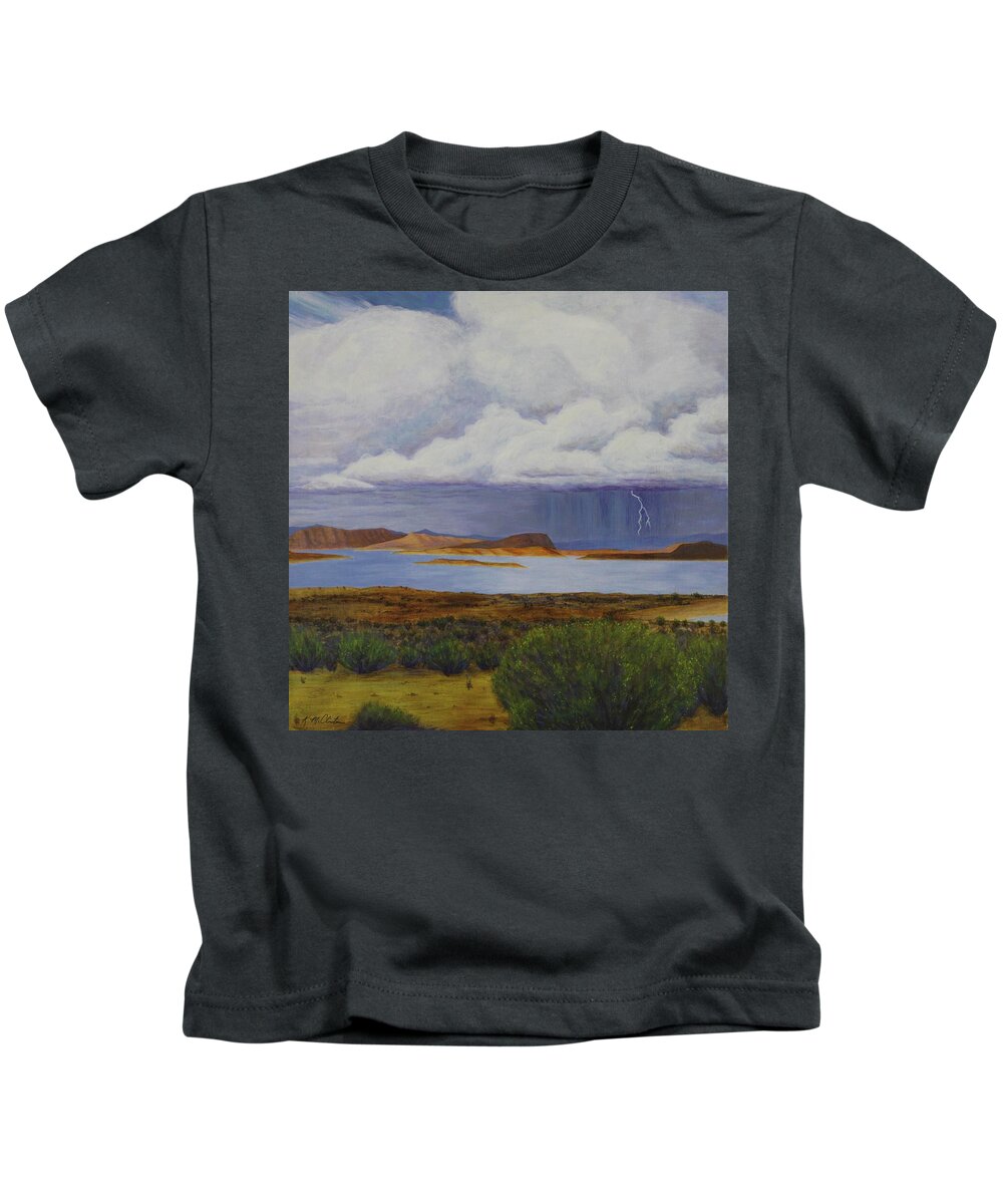 Kim Mcclinton Kids T-Shirt featuring the painting Storm at Lake Powell- center panel of three by Kim McClinton