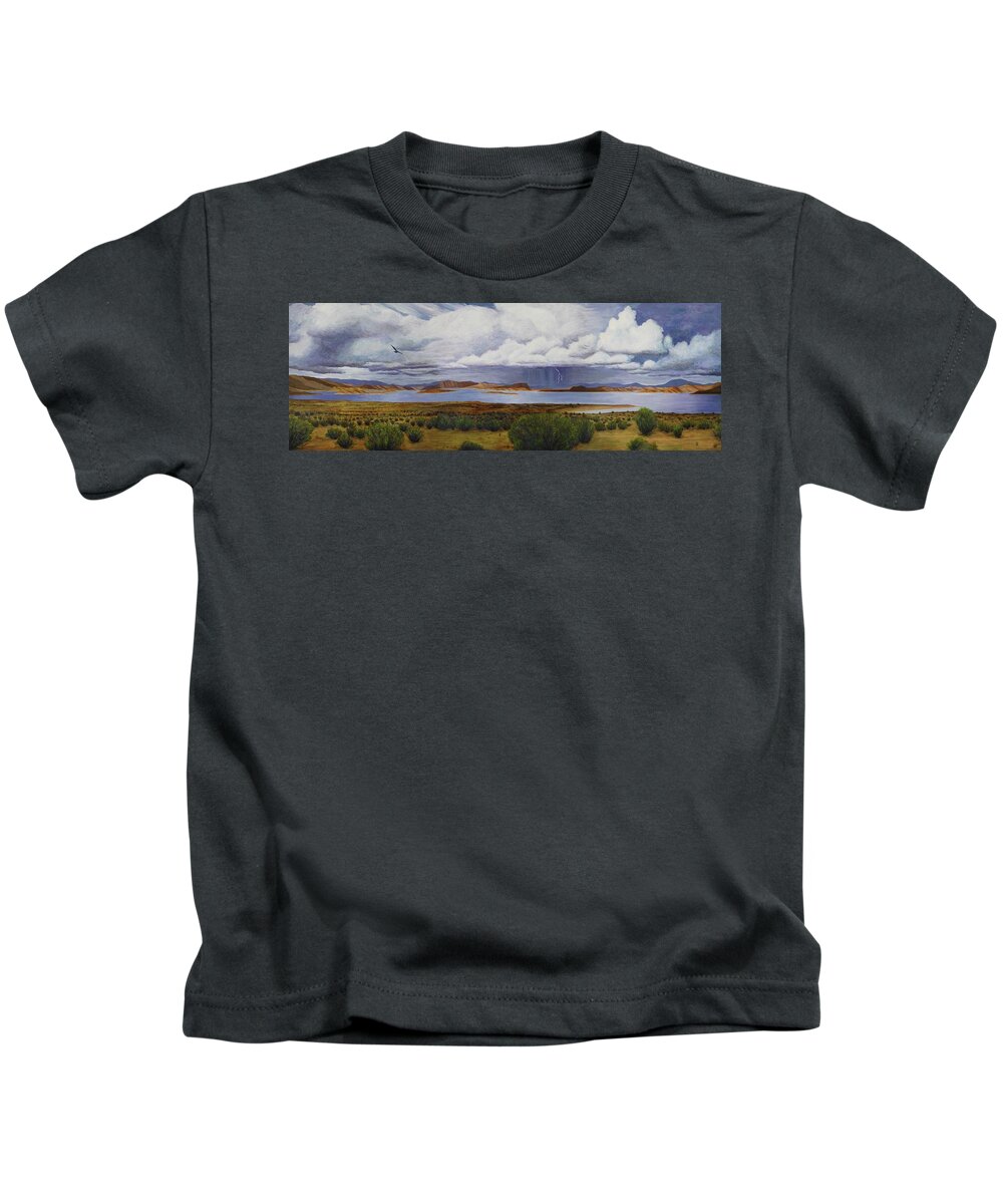 Kim Mcclinton Kids T-Shirt featuring the painting Storm at Lake Powell- panorama by Kim McClinton