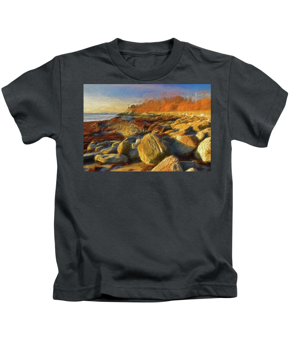 Rocks Kids T-Shirt featuring the photograph Sun, Rocks, and Sachuest Beach by Nancy De Flon