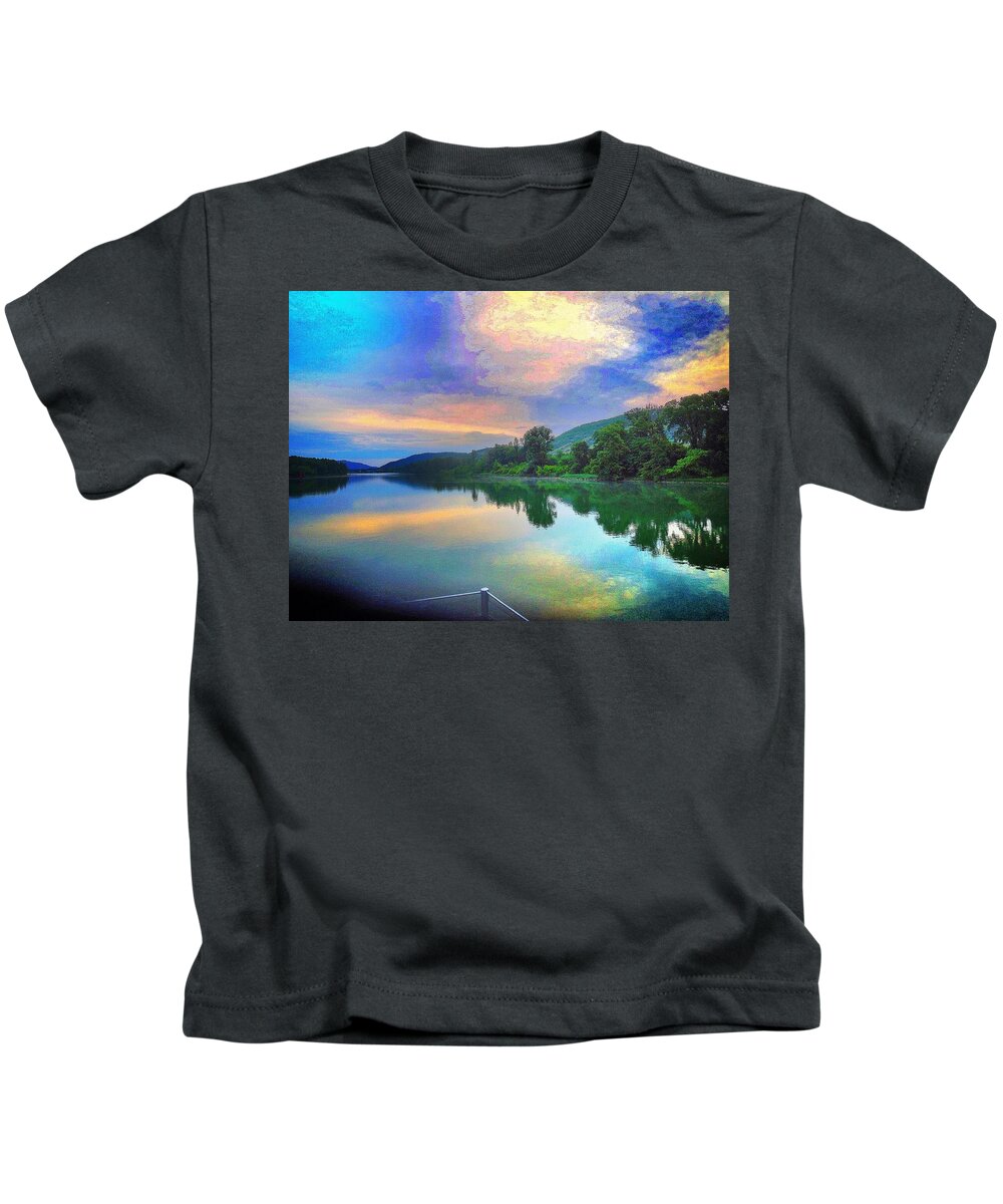 France Sunrise Reflection River Trees Clouds Morning Kids T-Shirt featuring the digital art Sunrise in France with reflection by Kathleen Boyles