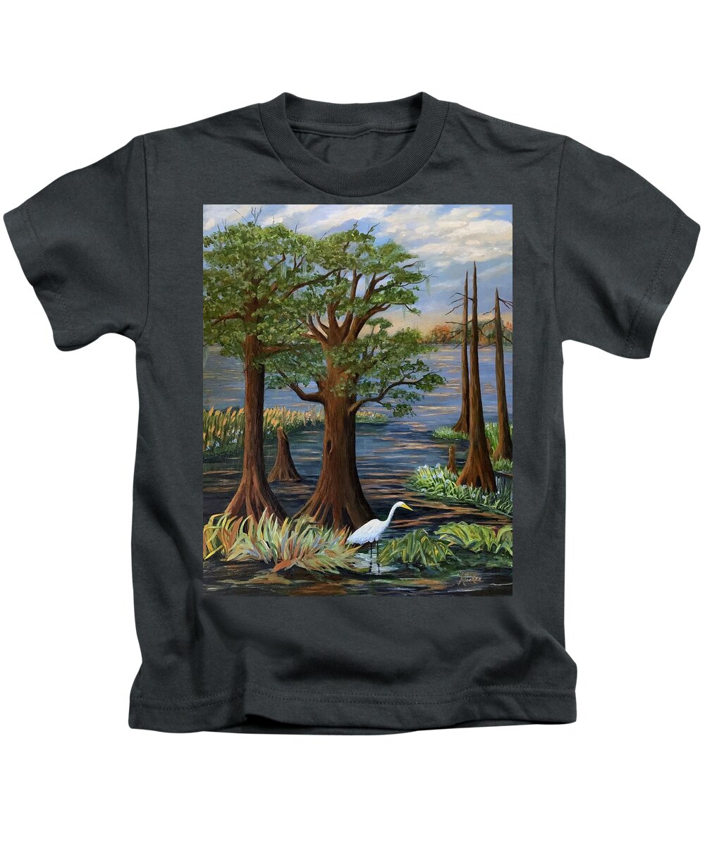 Back Water Kids T-Shirt featuring the painting Sunset On The Bayou by Jane Ricker