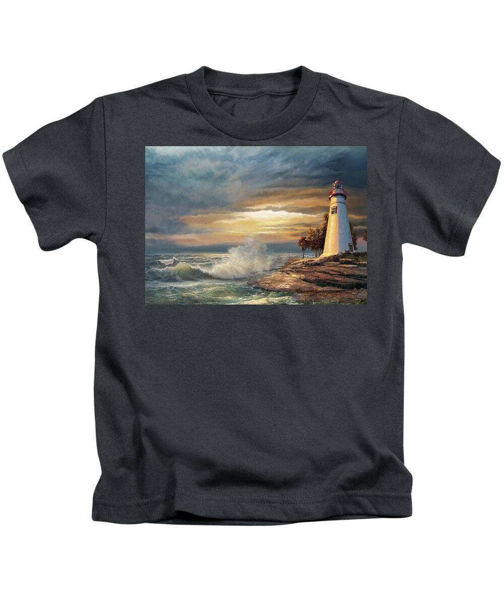 Ocean Scene Kids T-Shirt featuring the painting Sunset with Ohio Marble Head Lighthouse by Regina Femrite