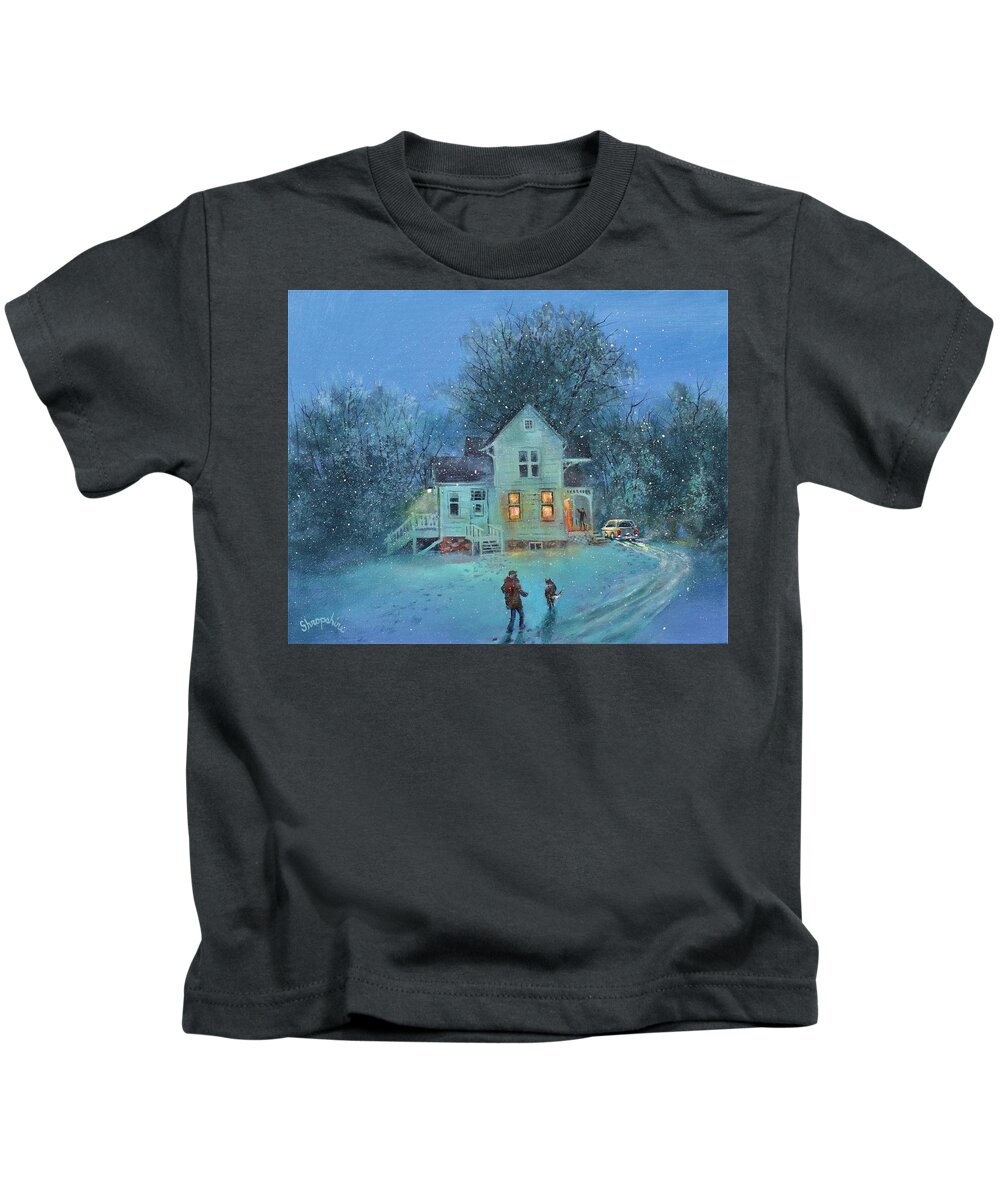 Winter Scene Kids T-Shirt featuring the painting Suppertime At The Farm by Tom Shropshire