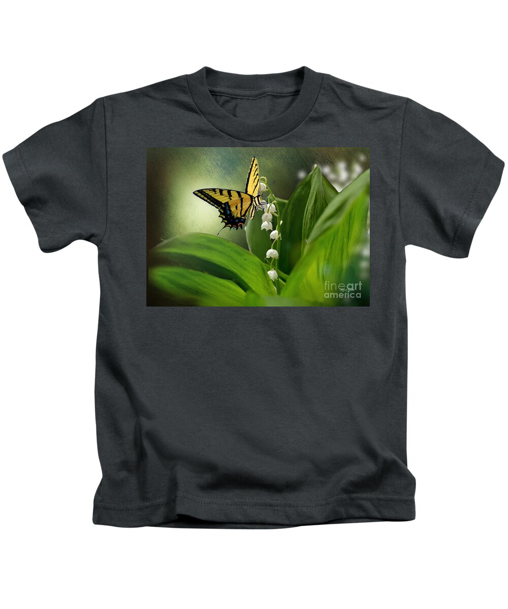 Butterfly Butterfly On Flower Kids T-Shirt featuring the mixed media Swallowtail on Lily of the Valley by Morag Bates