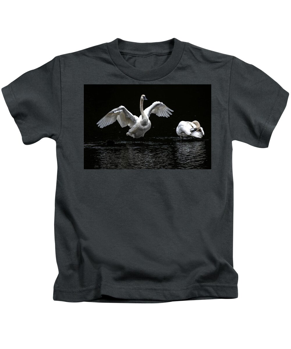 Swans Kids T-Shirt featuring the photograph Swans on the Lake by Jerry Cahill