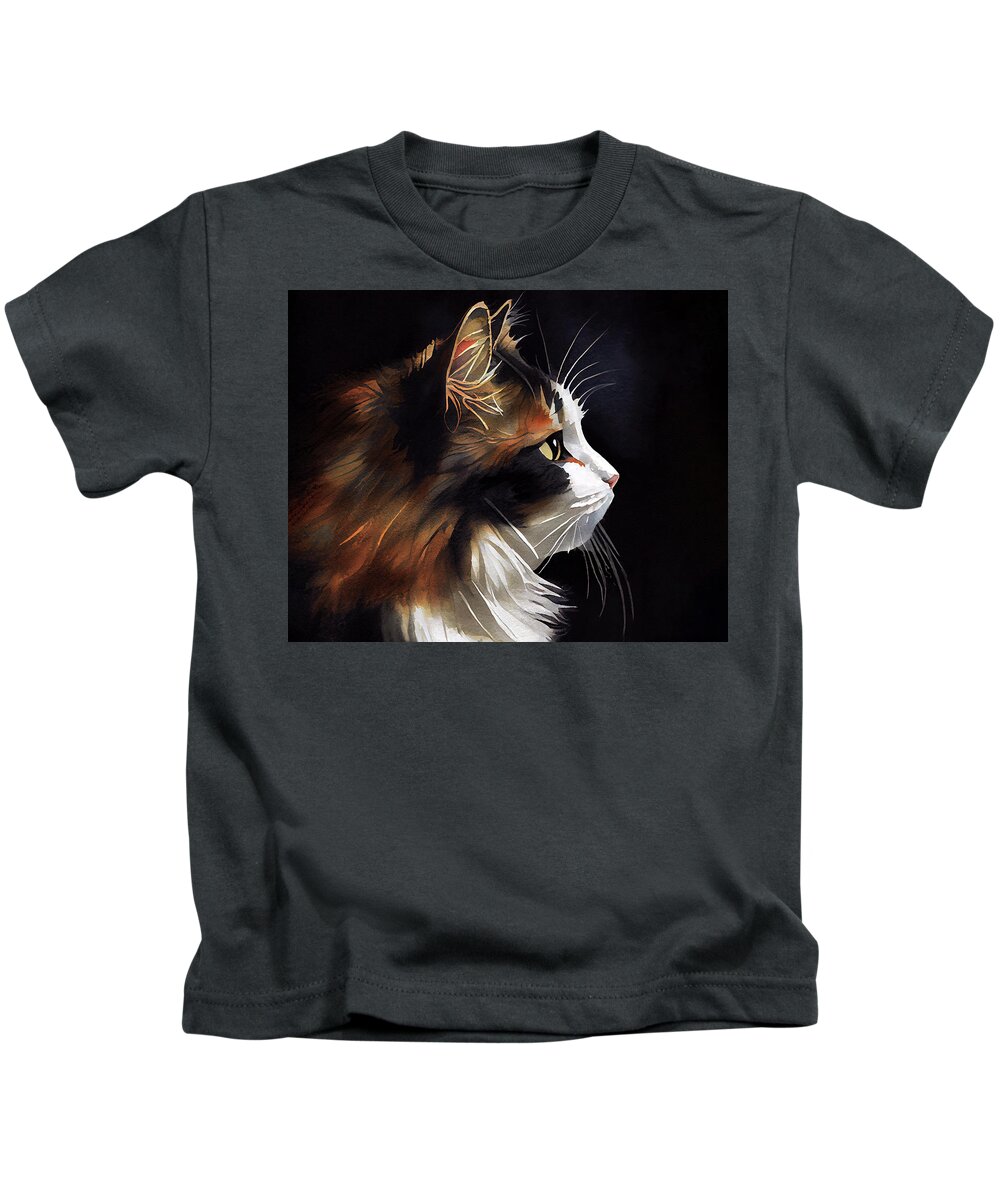 Calico Cat Kids T-Shirt featuring the digital art Sweet Calico Cat In Profile by Mark Tisdale