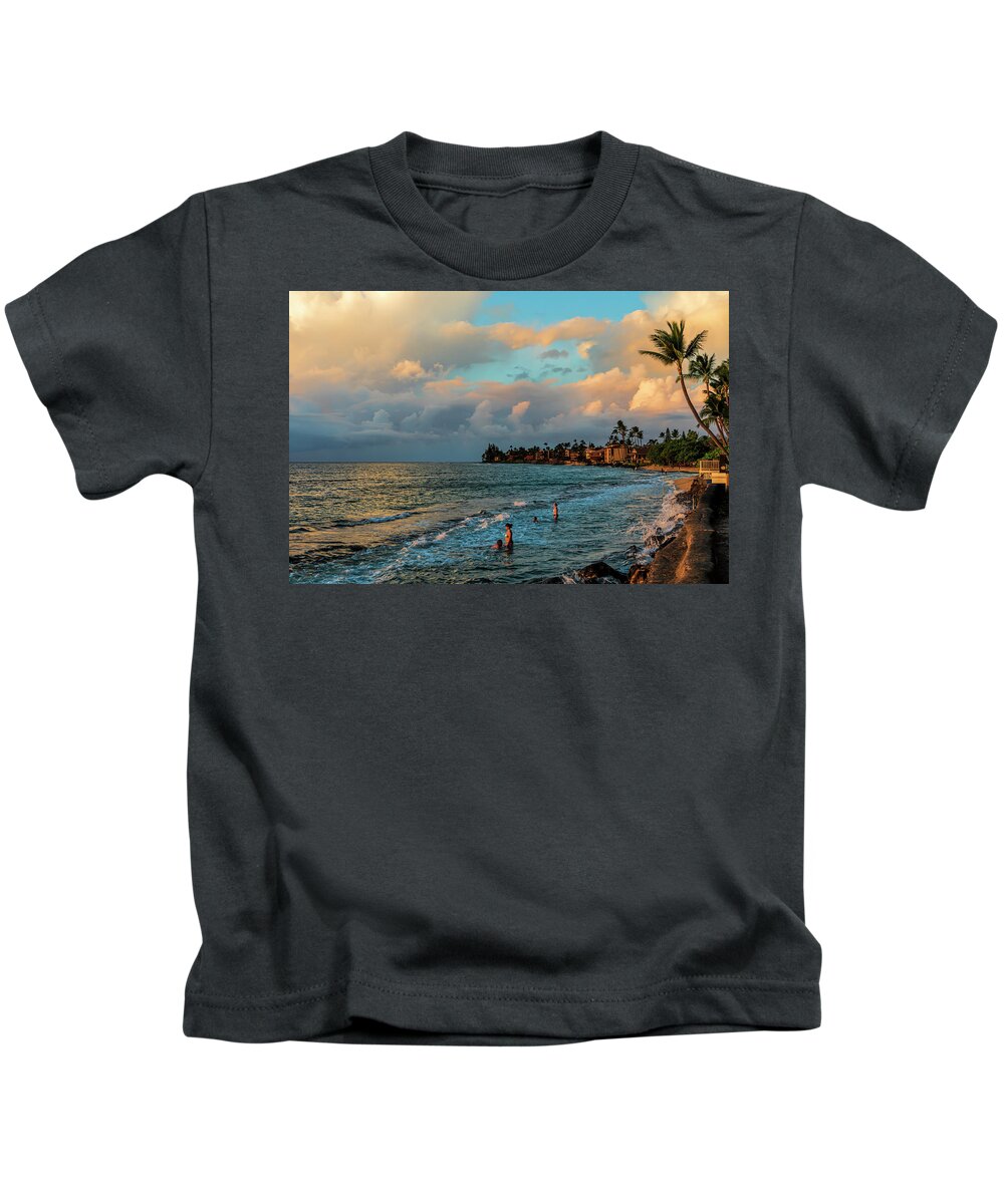 Hawaii Kids T-Shirt featuring the photograph Swim at Sunset by Betty Eich