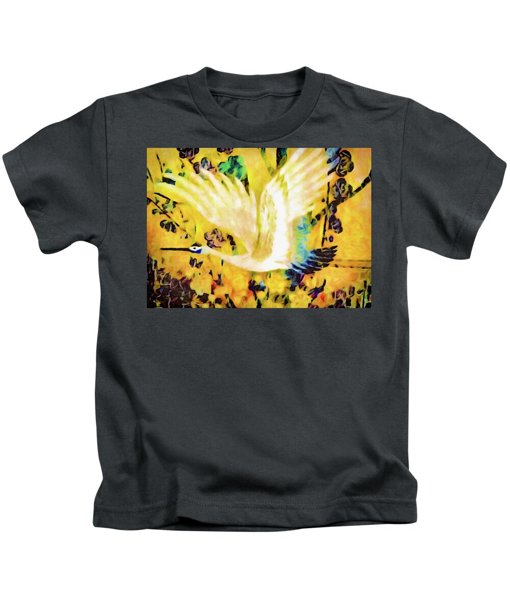 Crane Kids T-Shirt featuring the digital art Taking Wing Above the Garden - Kimono Series by Susan Maxwell Schmidt