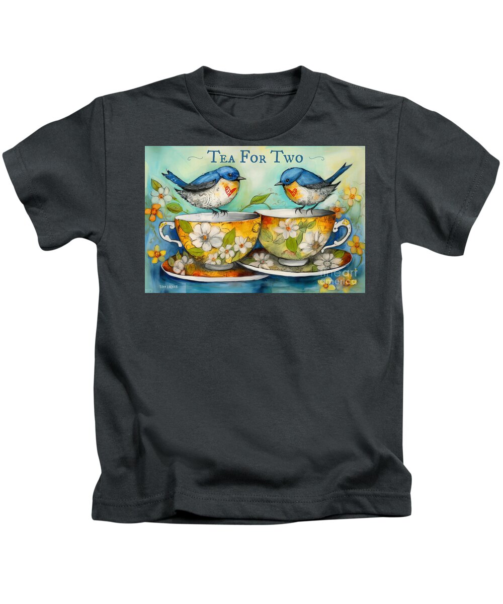 Bluebirds Kids T-Shirt featuring the painting Tea For Two by Tina LeCour