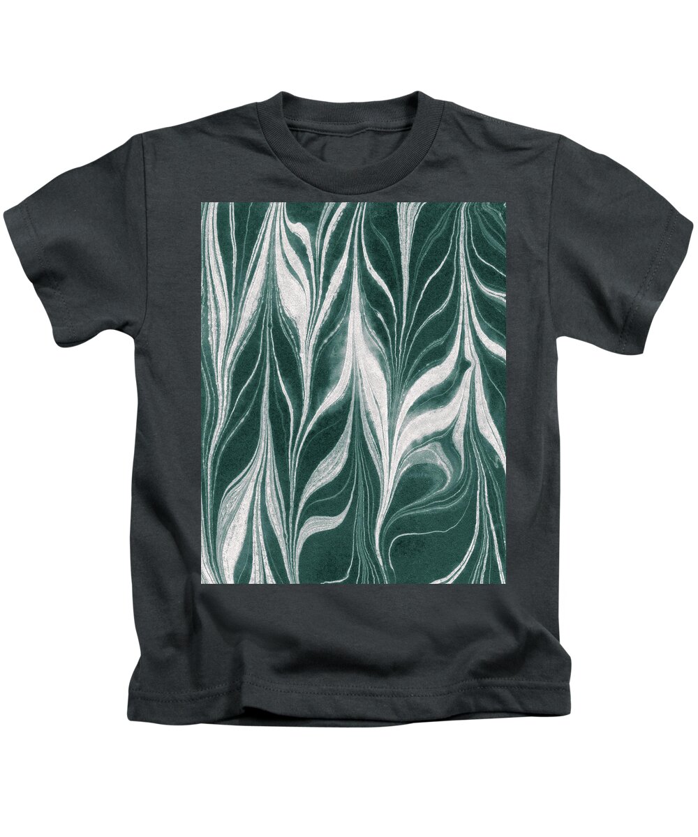 Gray Kids T-Shirt featuring the painting Teal Gray Leaves Wave Organic Pattern Decor III by Irina Sztukowski