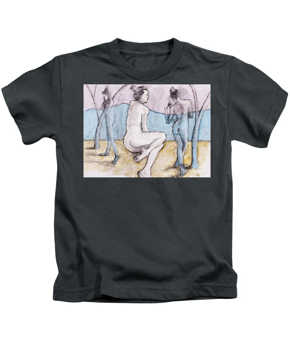 Life Drawing Kids T-Shirt featuring the mixed media The Bathers by PJ Kirk