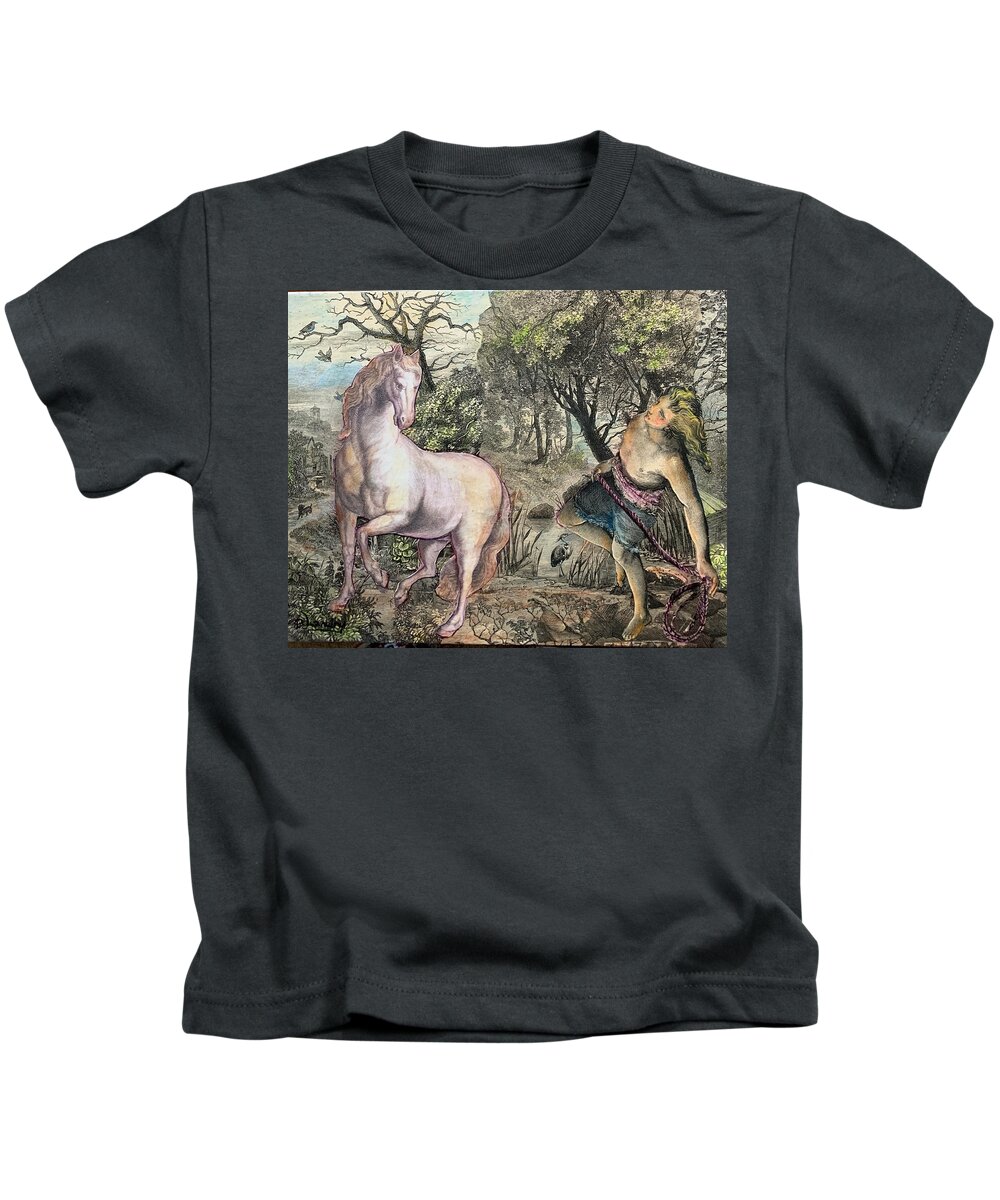 Papercut Kids T-Shirt featuring the mixed media The Chase by Barbara Landry
