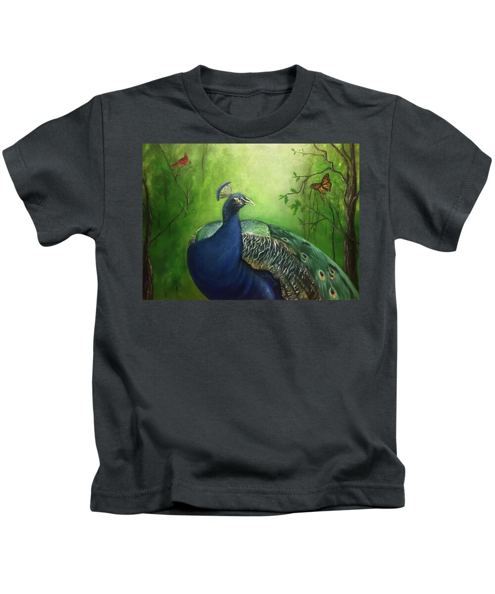 Peacock Kids T-Shirt featuring the painting The Dance by Susan L Sistrunk