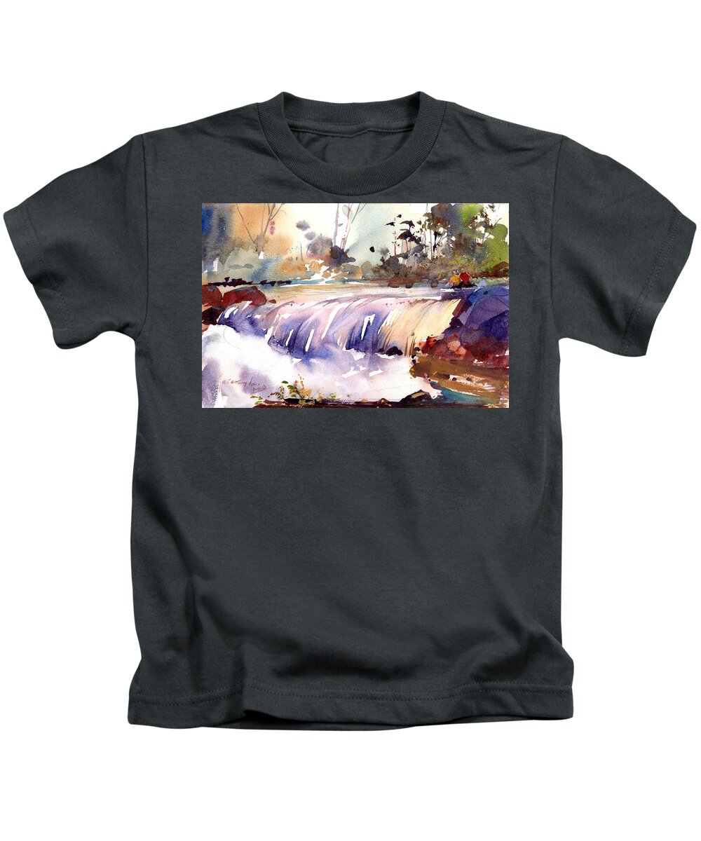 New England Scenes Kids T-Shirt featuring the painting The Former Falls at Jones River by P Anthony Visco