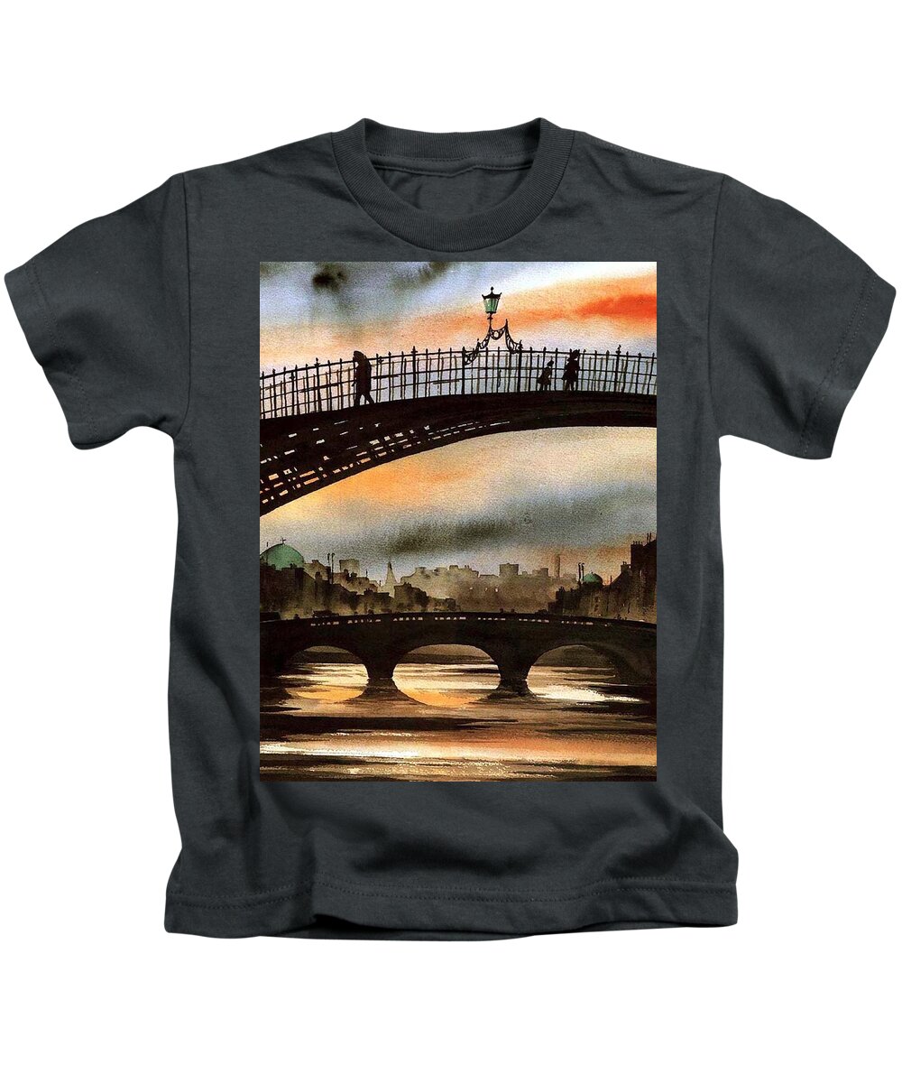  Kids T-Shirt featuring the painting The Ha'penny Bridge, River Liffey. by Val Byrne