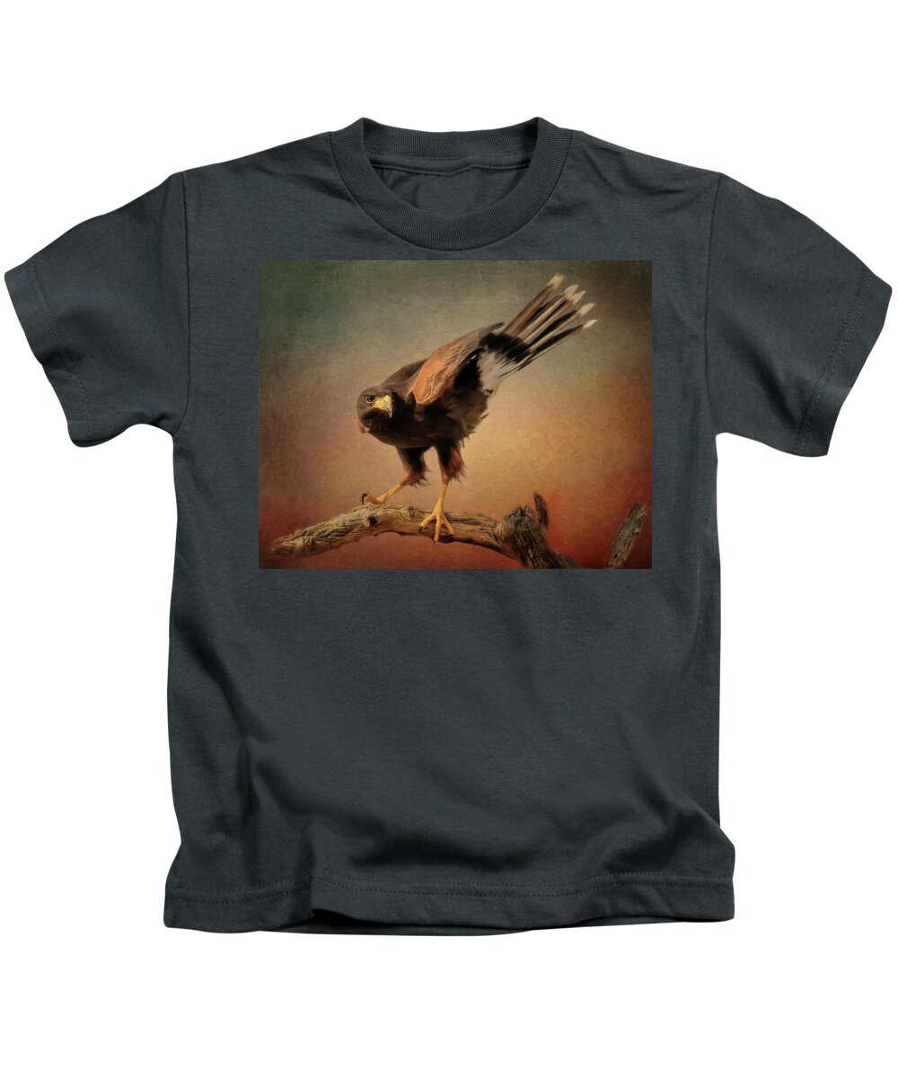 Black Cactus Kids T-Shirt featuring the digital art The Harris's Hawk by Steve Kelley