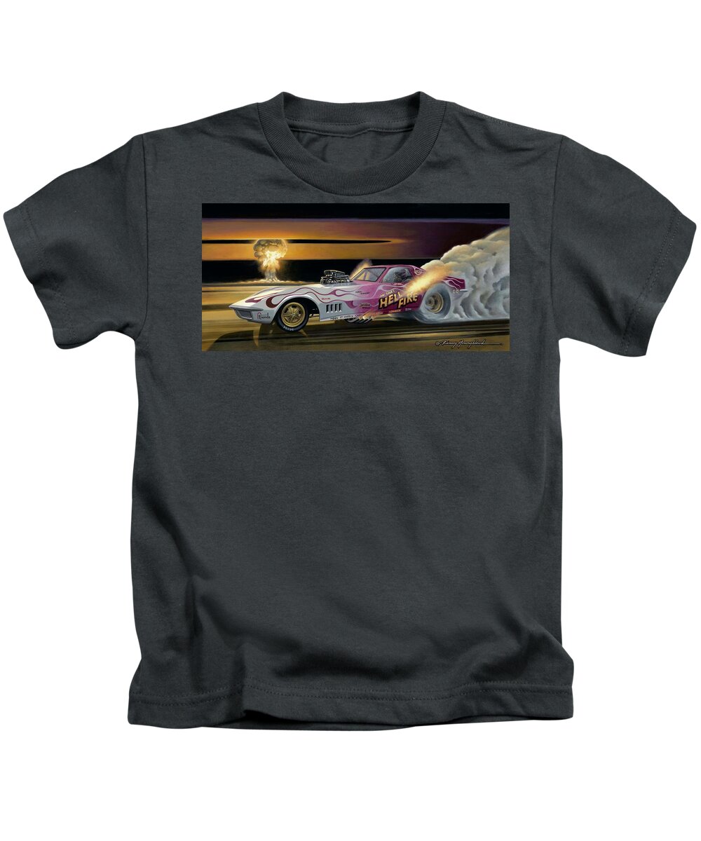 Nhra Funny Car Hell Fire Nitro Top Fuel Dragster Kenny Youngblood Kids T-Shirt featuring the painting The Last Burnout by Kenny Youngblood