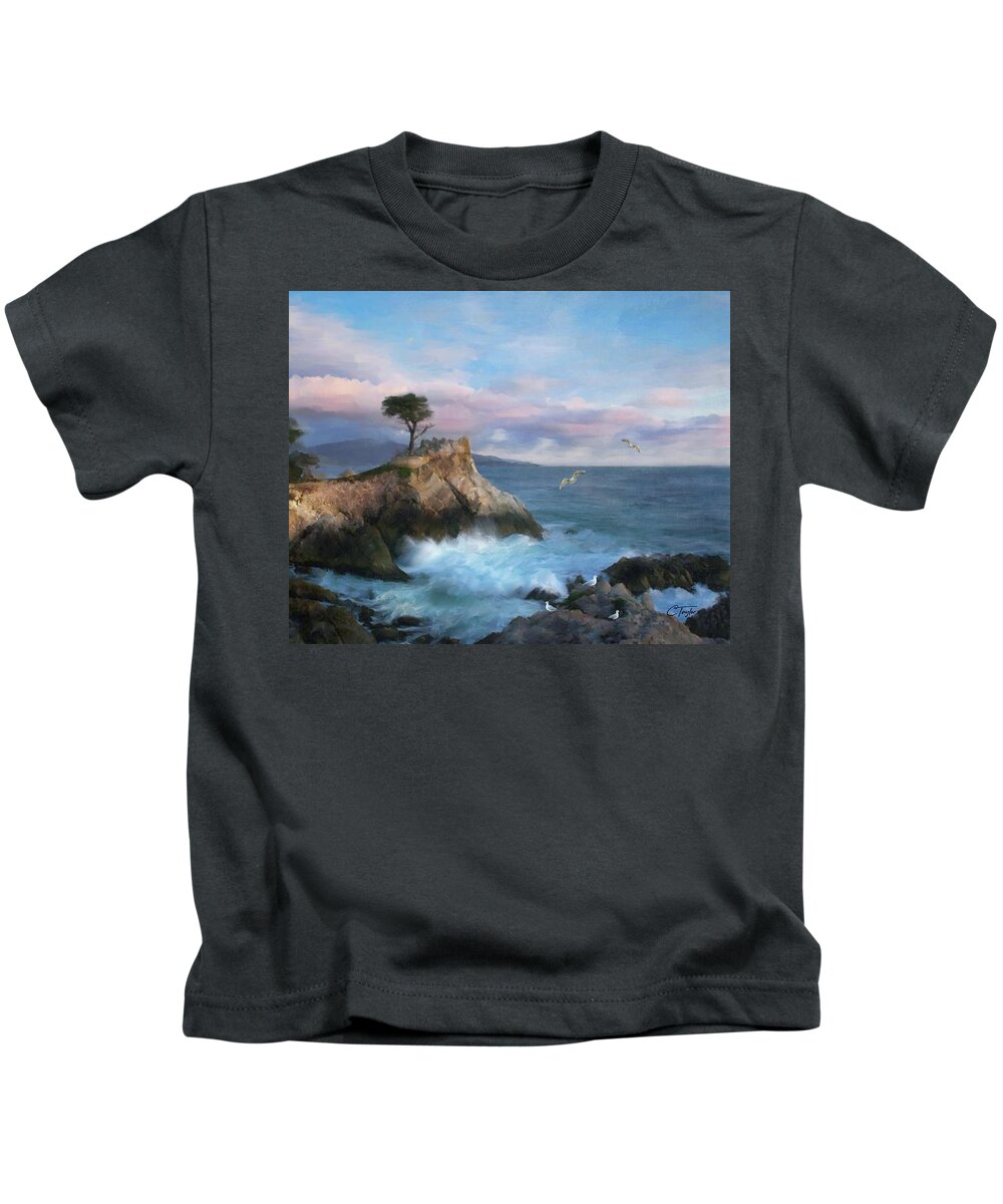 Cypress Point Kids T-Shirt featuring the mixed media The Lone Cypress at Cypress Point by Colleen Taylor