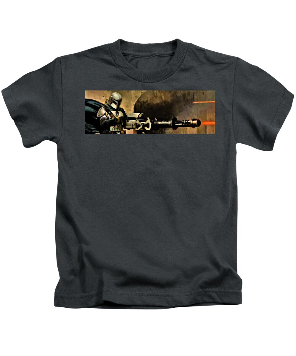 The Mandalorian Kids T-Shirt featuring the digital art Mando Machine Gun Fight Mode 1.1 by Aldane Wynter
