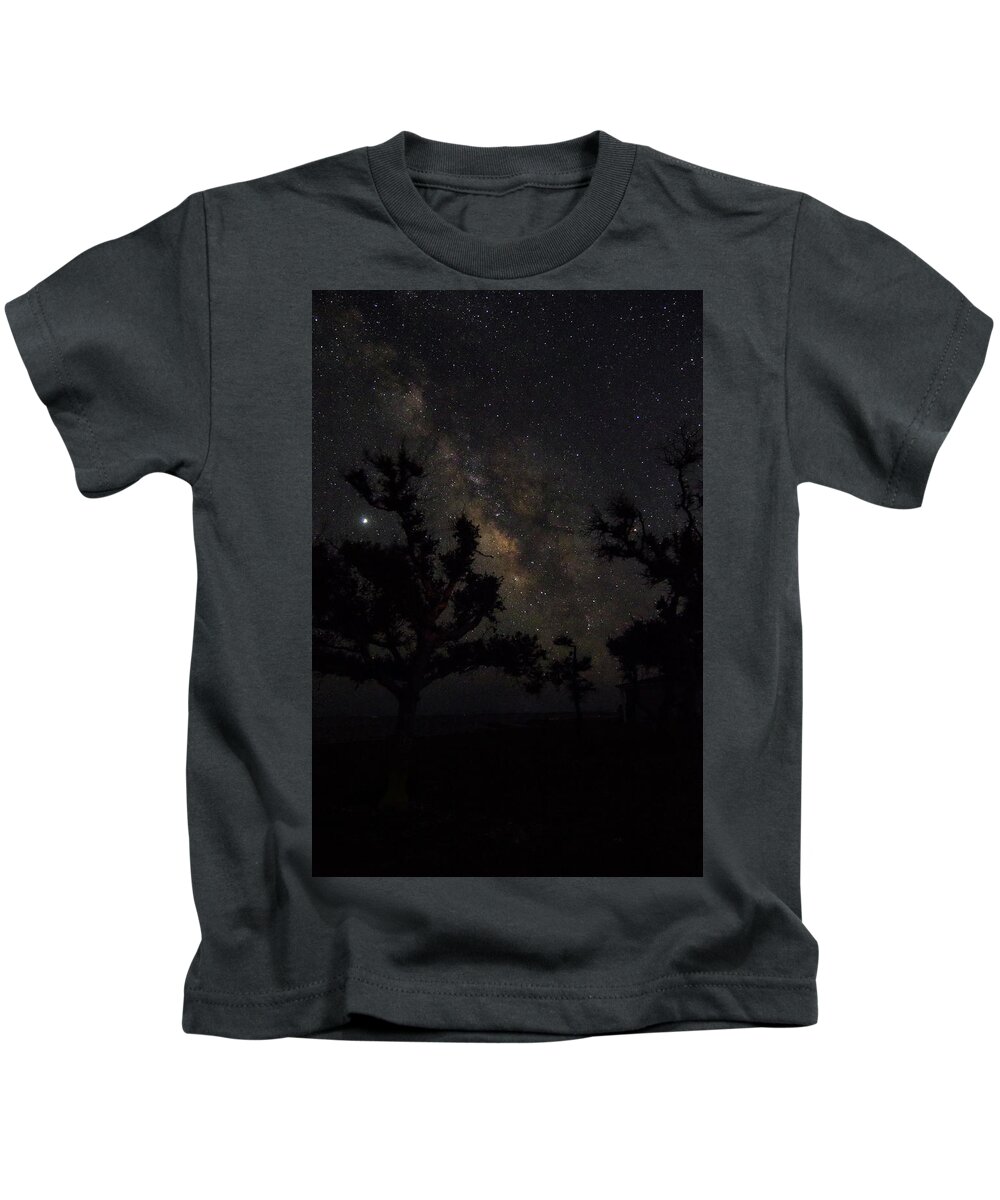 Milky Way Kids T-Shirt featuring the photograph The Milky Way and Tree Silhouettes by Bob Decker