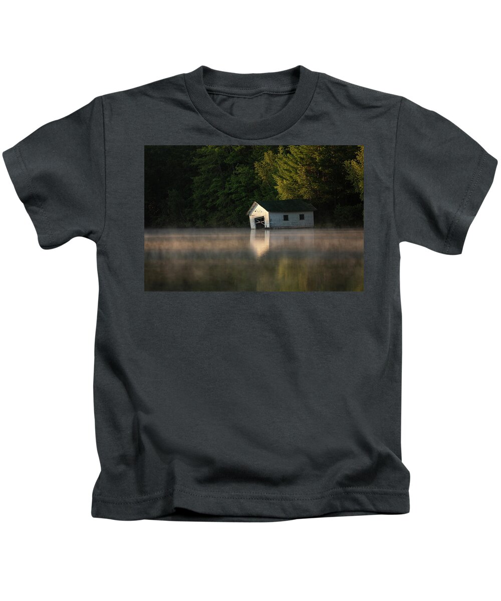 Mist Kids T-Shirt featuring the photograph The Old Boathouse at Sunrise by Denise Kopko