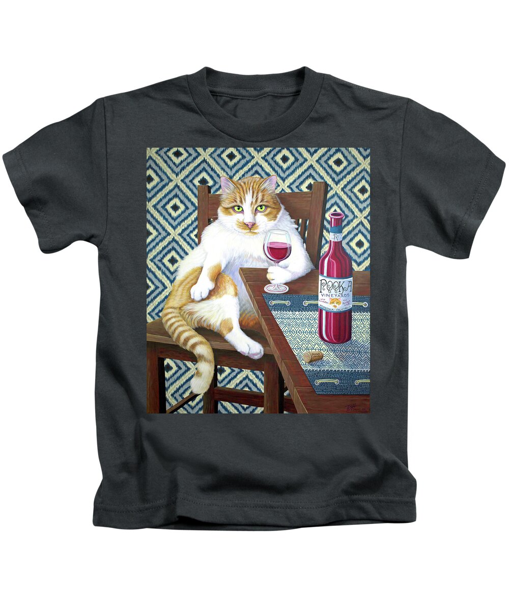 Wine Kids T-Shirt featuring the painting The Purrrfect Wine by Tish Wynne