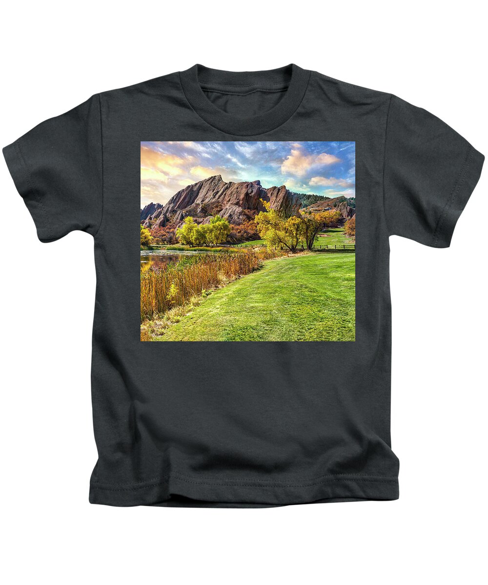 Arrowhead Kids T-Shirt featuring the photograph The Roxborough Arrowhead Golf Club in Littleton, Colorado- Fall Season In Roxborough State Park Park by OLena Art by Lena Owens - Vibrant DESIGN