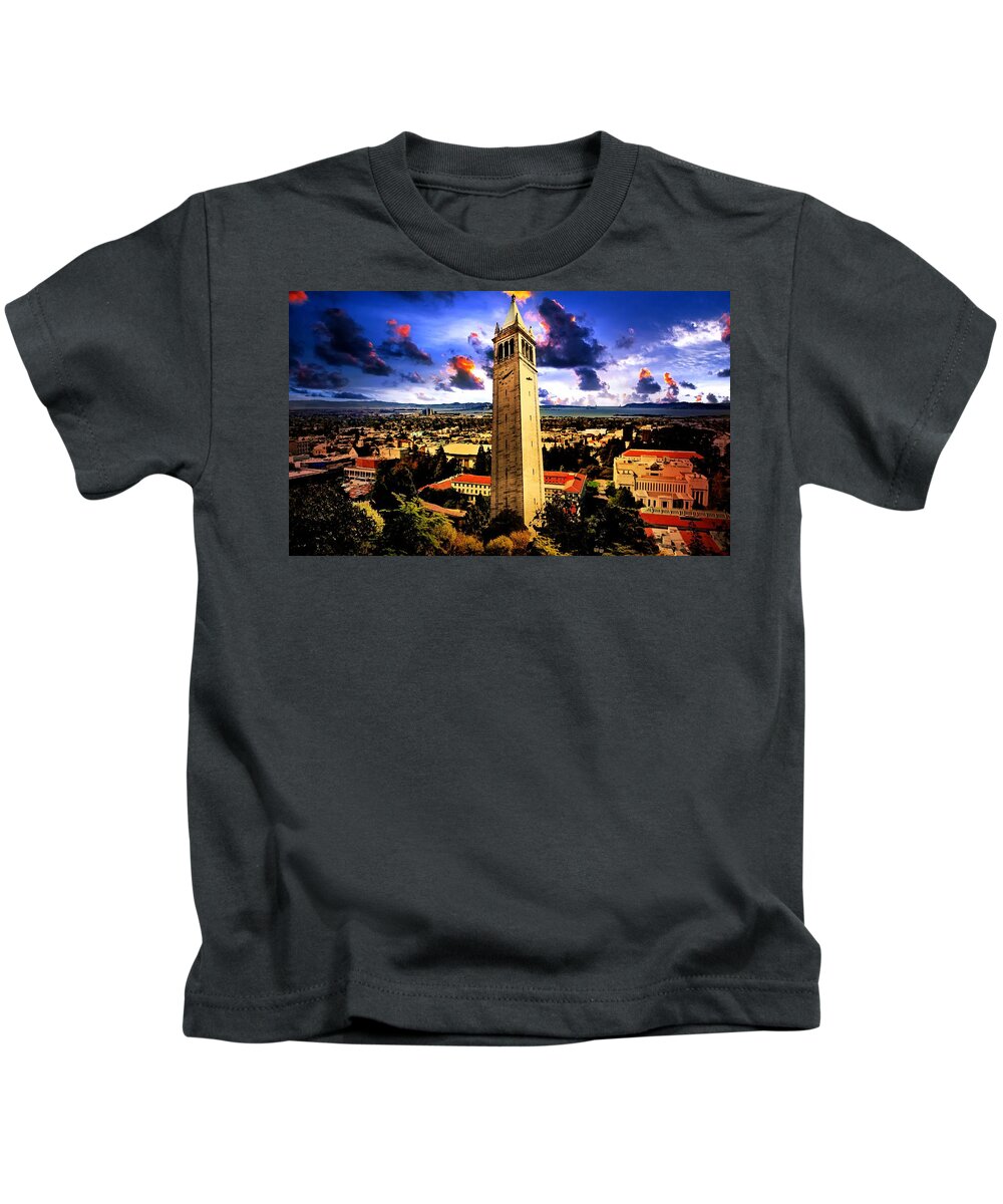 Berkeley Kids T-Shirt featuring the digital art The Sather Tower and a a view to Berkeley Campus, downtown Berkeley and San Francisco Bay at sunrise by Nicko Prints
