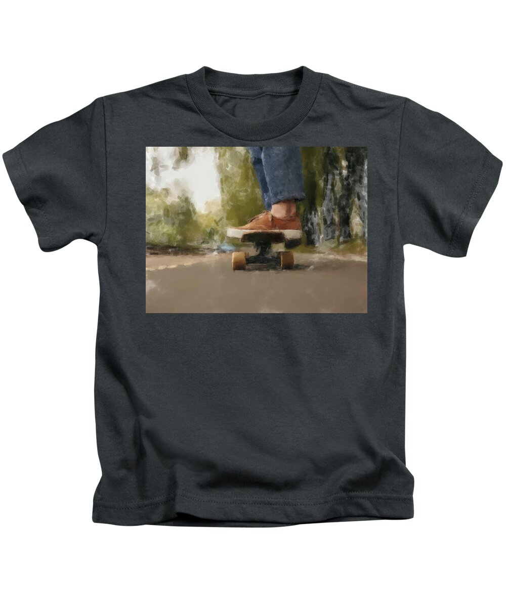 Skateboarder Kids T-Shirt featuring the painting The Skateboarder by Gary Arnold