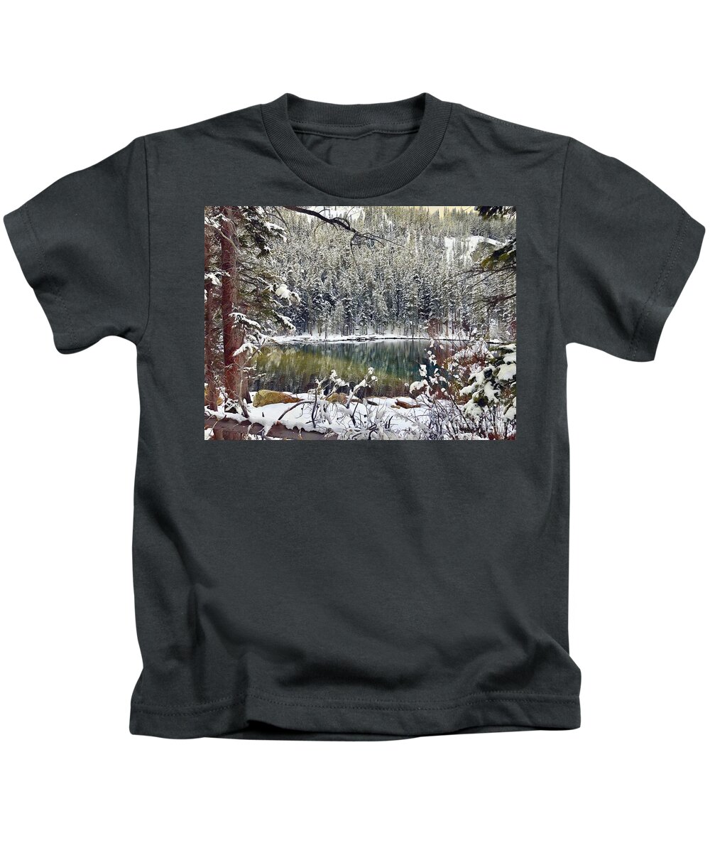 Canadian Art Canada Great White North Snowstorm Canmore Alberta Snowing Winter Kids T-Shirt featuring the mixed media The Snow-Storm by Marie Conboy