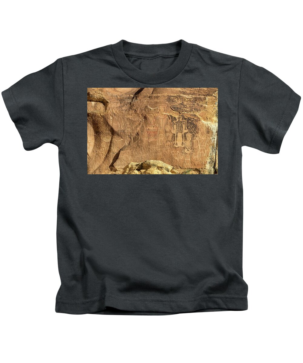 Petroglyphs Kids T-Shirt featuring the photograph The Three Kings Petroglyph Panel by Kathleen Bishop