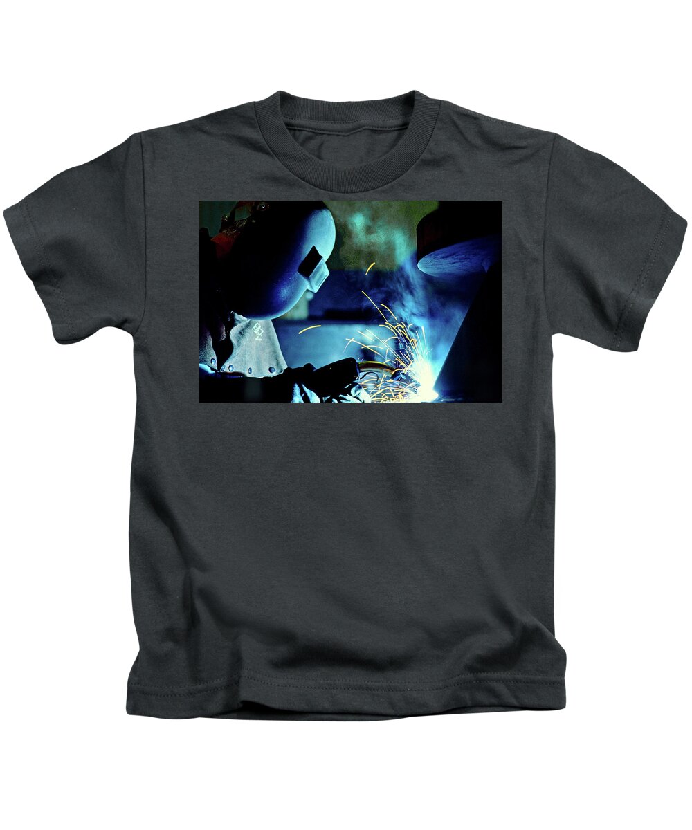 Film Kids T-Shirt featuring the photograph The Welder by Anthony M Davis
