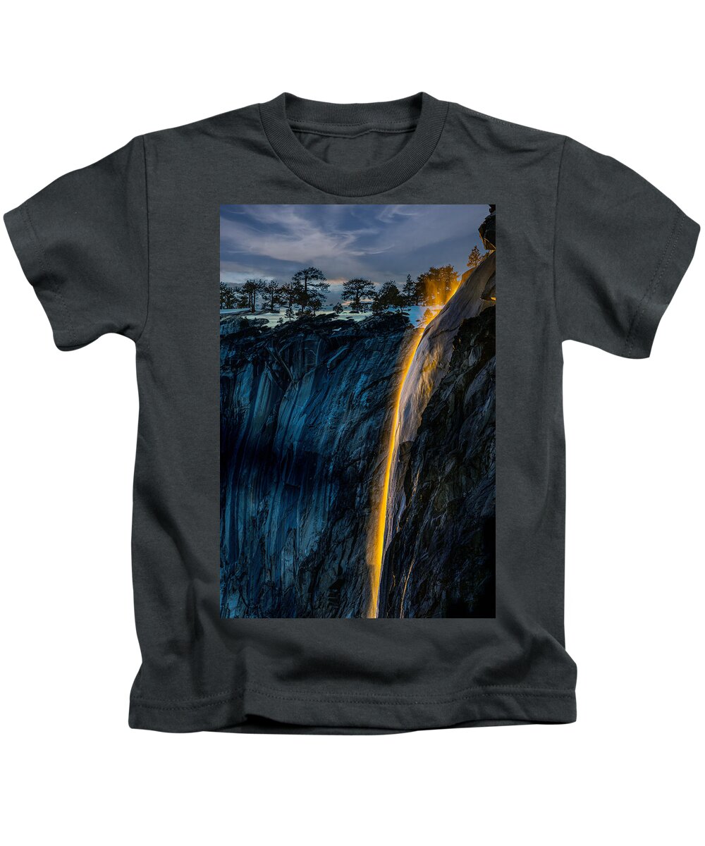 Firefalls Kids T-Shirt featuring the photograph The Yosemite Horsetail Falls - Firefalls by Amazing Action Photo Video