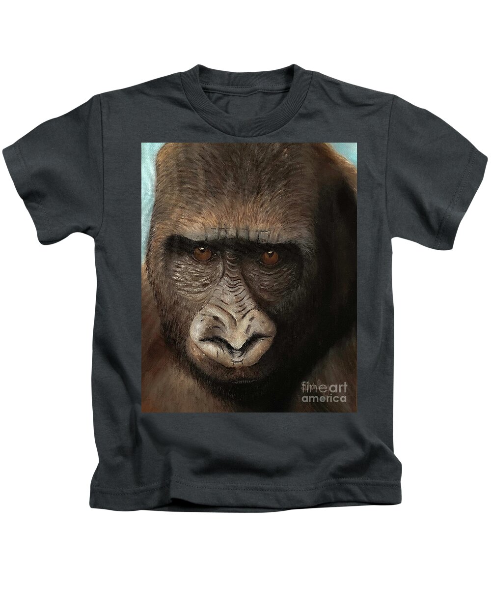 Ape Kids T-Shirt featuring the painting Thoughtful Gorilla by Shirley Dutchkowski