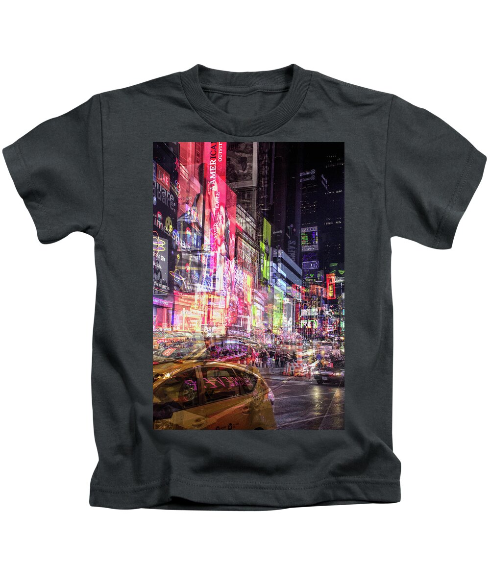 Times Square Kids T-Shirt featuring the photograph Times Square Chaos by Linda Villers