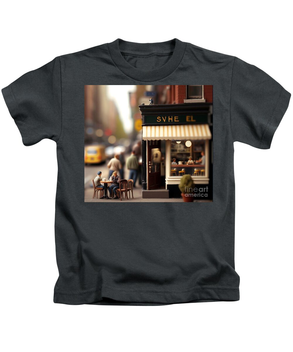  Kids T-Shirt featuring the mixed media Tiny City Coffee by Jay Schankman