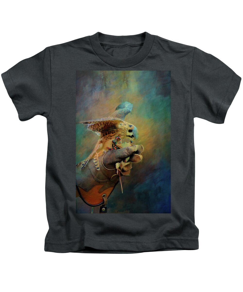 Kestrel Kids T-Shirt featuring the mixed media Tiny Hunter Painting by Kathy Kelly