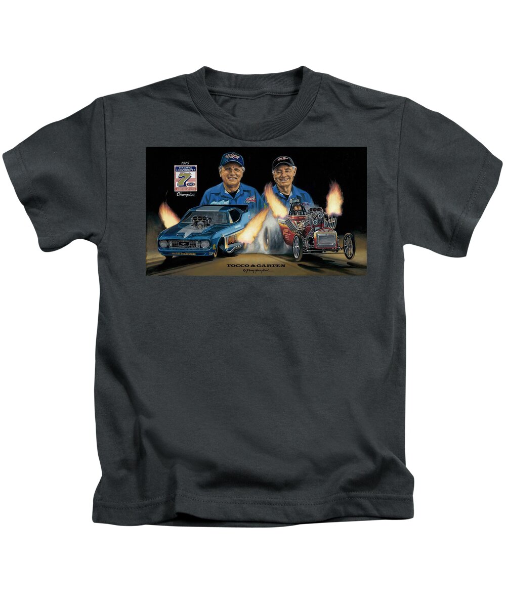 Drag Racing Nhra Fuel Altered Funny Car Kenny Youngblood Roger Garten Kids T-Shirt featuring the painting Tocco and Garten by Kenny Youngblood
