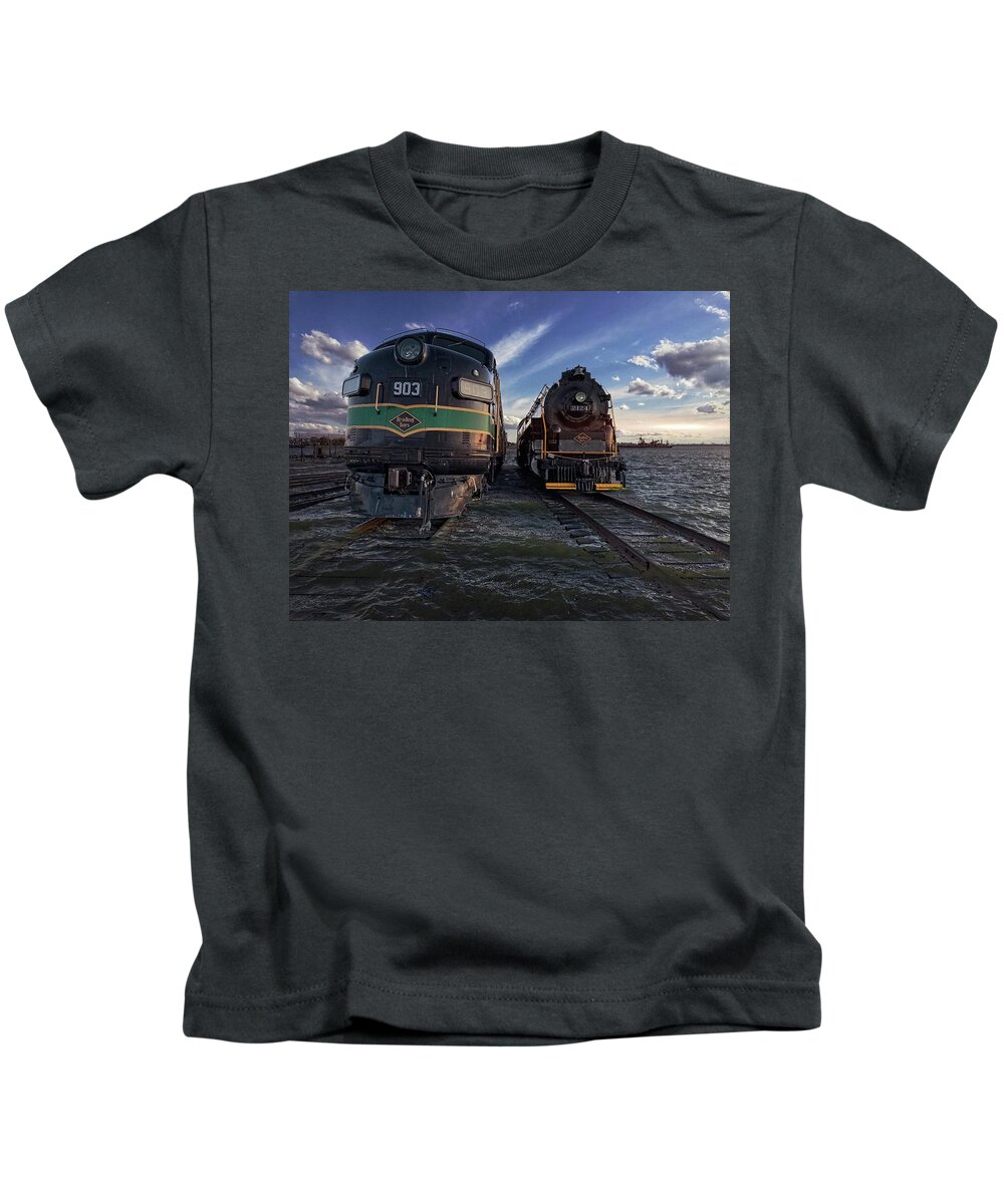 Train Kids T-Shirt featuring the photograph Trains, Red Hook Waterfront in Brooklyn by Carol Whaley Addassi